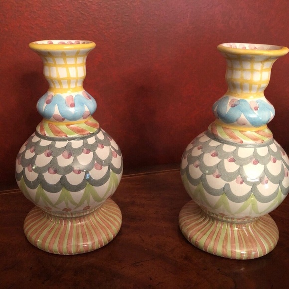 Retired Mackenzie Childs Ceramic KING FERRY Candle sticks - Pair/2